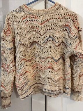 a.n.a Beige Open-Knit Wave-Pattern Sweater with Multicolor Accents